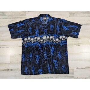 Vintage Breakdown Shirt Mens Large Skulls Tribal Tattoo Y2K Button Up